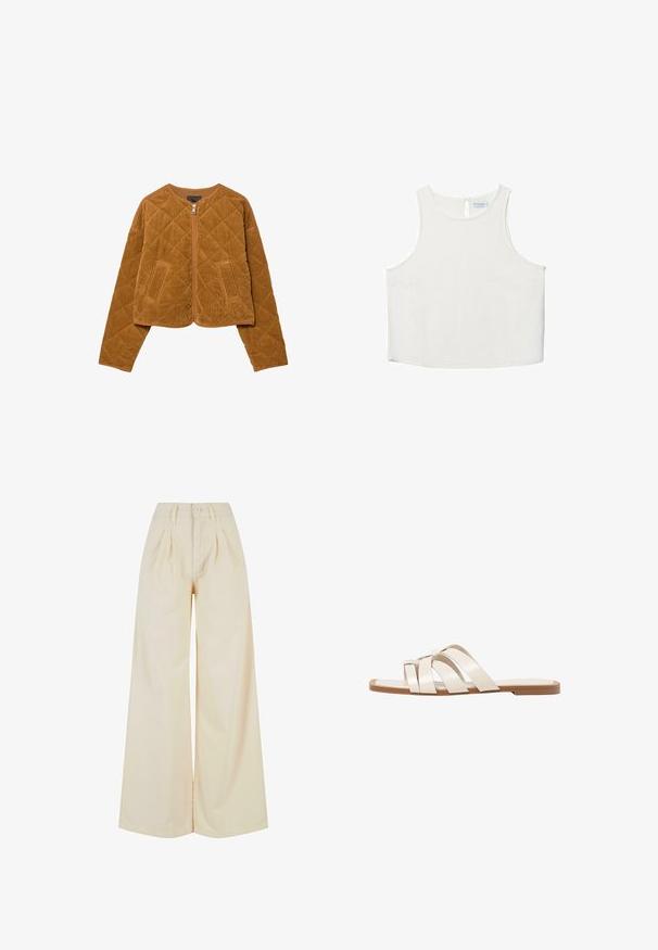Hnedá prešívaná kordurovná bunda s predným zipsom a dvoma vreckami, dlhými rukávmi a okrúhlym výstrihom.; Biele bezrukávové tričko s okrúhlym výstrihom, ktoré má jemnú textúru, detail s kľúčovou dierkou na chrbte a rovný lem.; Beige široké nohavice s vysokým pásom, s gombíkovým zapínaním a plisovanými detailmi. Hladká tkanina s jemnou textúrou.; Ploché sandále s hnedou gumovou podrážkou, navrhnuté s tromi prekrývajúcimi sa bielymi koženými popruhmi a malou mašličkou uprostred.