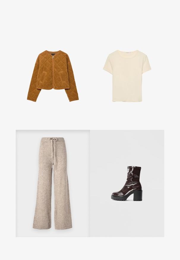 Ruskea tikattu korduroykangas takki, jossa on etuvetoketju ja kaksi taskua, pitkät hihat ja pyöreä kaula-aukko.; Kermanvärinen, lyhythihainen t-paita, joka on valmistettu pehmeästä kankaasta. Ominaisuuksiin kuuluu klassinen pyöreä kaula-aukko ja rento istuvuus, ilman huomattavia kuvioita tai yksityiskohtia.; Beige levelet kengät valmistettu teksturoidusta neuloskankaasta, jossa on kiristysnauha vyötäröllä ja rento istuvuus.; Satea bordeaux berwarna mengkilap dengan tumit hitam tebal, menampilkan tekstur halus dan desain sederhana. Tanpa pengikat atau pola yang terlihat.