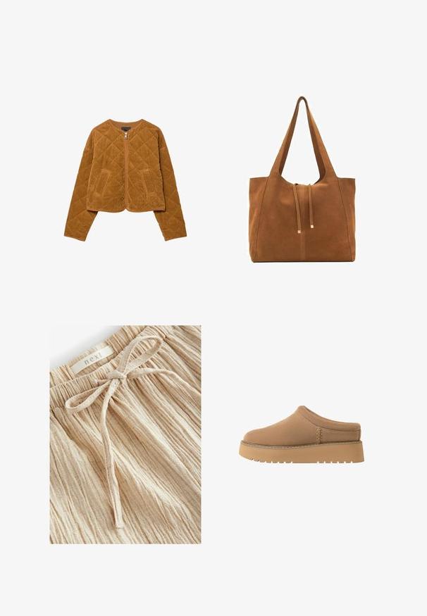 Hnědá prošívaná kordová bunda s předním zipem a dvěma kapsami, dlouhými rukávy a kulatým výstřihem.; Hnědé tričko s krátkým rukávem vyrobené z měkké bavlny. Má kulatý výstřih a volný střih, s hladkou strukturou a bez viditelných vzorů.; Béžové texturované šortky s nařaseným pasem a předním zavazováním, vyrobené z lehké tkaniny s jemnými vertikálními proužky.; Hnědé nazouvací boty s měkkou texturou, zaoblenou špičkou a silnou, vroubkovanou podešví. Na boku mají decentní prošívání.; Hnědá semišová taška s dvěma dlouhými popruhy, stahovací šňůrkou a minimalistickým designem. Hladký povrch a žádné viditelné kovové akcenty.