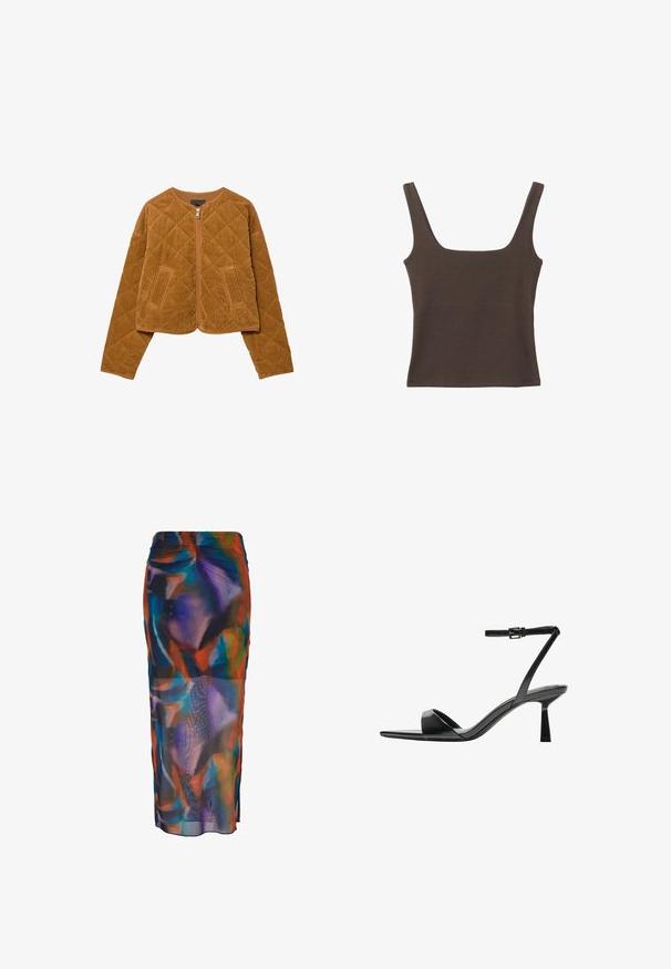 Brun quiltad kordfløyeljacka med framzipper och två fickor, långa ärmar och rund hals.; Brun ärmlös topp med fyrkantig halsringning, tillverkad av mjukt, elastiskt tyg. Har en figurnära design och plana sömmar.; Mönstrad, flerfärgad pennkjol med ett flytande, genomskinligt tyg som har abstrakta mönster i blått, orange och lila. Elastisk midja med sidofickor.; Bershka Sandaletter - black