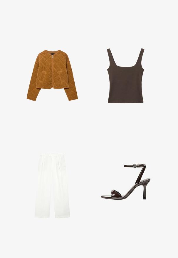 Braune, gesteppten Cord-Jacke mit Frontreißverschluss und zwei Taschen, langen Ärmeln und rundem Kragen.; Braunes ärmelloses Oberteil mit quadratischem Ausschnitt, aus weichem, dehnbarem Stoff gefertigt. Verfügt über ein figurbetontes Design und flache Nähte.; Weiße, weite Hosen aus leichtem Stoff, mit flachem Vorderteil, Falten und einem Bund, die eine lockere, luftige Passform bieten.; Braune Lackleder-High-Heelsandale mit einem Knöchelriemen, offener Zehenpartie und einem schlanken, minimalistischen Design. Verfügt über einen quadratischen Absatz.