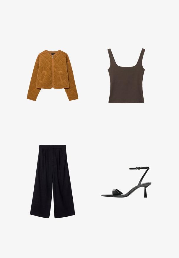 Ruskea tikattu korduroykangas takki, jossa on etuvetoketju ja kaksi taskua, pitkät hihat ja pyöreä kaula-aukko.; Ruskea hihaton toppi, jossa on neliönmuotoinen kaula-aukko, valmistettu pehmeästä ja joustavasta kankaasta. Ominaisuuksiin kuuluu istuva muotoilu ja sileät saumat.; Mustat leveälahkeiset housut, jotka on valmistettu kevyestä kankaasta. Housuissa on korkea vyötärö ja laskokset, jotka lisäävät tekstuuria ja liikkuvuutta.; Bershka Korolliset sandaalit - black