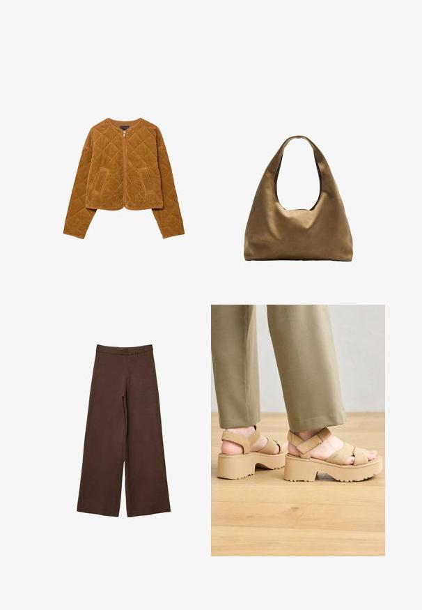 Brun quiltet fløjljakke med frontlynlås og to lommer, lange ærmer og rund halsudskæring.; Hvid kortærmet t-shirt lavet af bomuld. Har en rund halsudskæring og en afslappet pasform. Glat tekstur uden synlige mønstre eller detaljer.; Brune brede bukser lavet af blødt stof, med et rillet elastisk taljebånd og uden synlige lukninger eller lommer.; Beige ruskindsplatformsandaler med brede stropper og en kraftig sål. Har justerbar bagside-rem og tekstureret sål for godt greb.; Brun stof skuldertaske med en bred, rundet krop og et stort udsnit håndtag. Blød tekstur, minimalistisk design og ingen synlig hardware.
