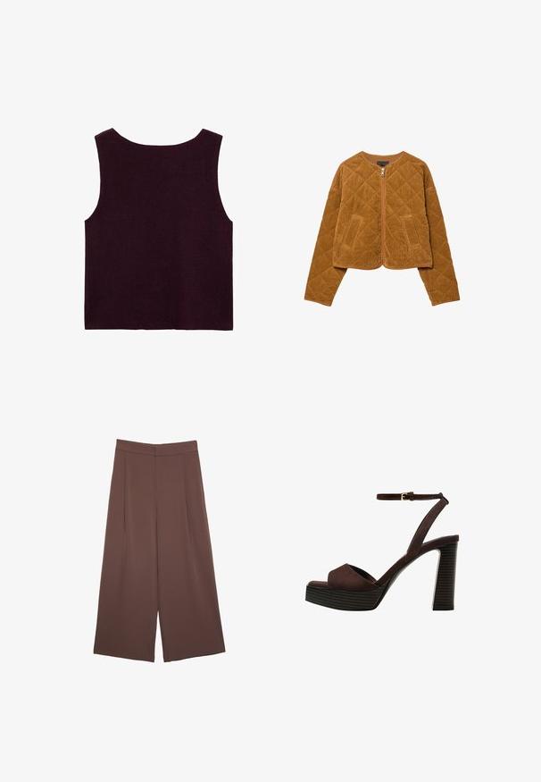 Brun quiltad kordfløyeljacka med framzipper och två fickor, långa ärmar och rund hals.; Burgundy ärmlös stickad topp med en vid halsringning och en figursydd silhuett, med en slät yta och utan synliga detaljer.; Bruna vida byxor med en slät textur, som har hög midja och framfickor. Tyget är lätt och flödar löst.; Bruna mocka högklackade sandaler med öppen tå, justerbar vristrem och en randig plattformssula.