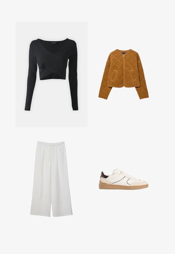 Brun quiltad kordfløyeljacka med framzipper och två fickor, långa ärmar och rund hals.; Even&Odd Långärmad tröja - black; Vita vida byxor i lätt tyg med elastisk midja och dragsko för justerbar passform. Mjuk textur.; Stradivarius Sneakers - white