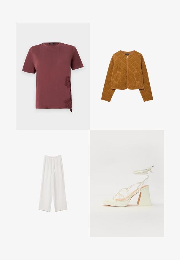 Braune, gesteppten Cord-Jacke mit Frontreißverschluss und zwei Taschen, langen Ärmeln und rundem Kragen.; Bordeauxrot T-Shirt aus weichem Stoff, mit kurzen Ärmeln und filigranen Spitzenverzierungen an der Seite, sowie einem gebundenen Akzent am Saum.; Weiße weit geschnittene Hose aus leichtem Stoff. Mit einem elastischen Bund und Kordelzug sowie Seitentaschen. Glatte Textur.; Weiße High-Heel-Sandale mit einem klobigen Absatz, die über ein Riemchendesign und ein Knöchelband verfügt. Glatte Textur mit einer Plattform vorne für zusätzliche Höhe.
