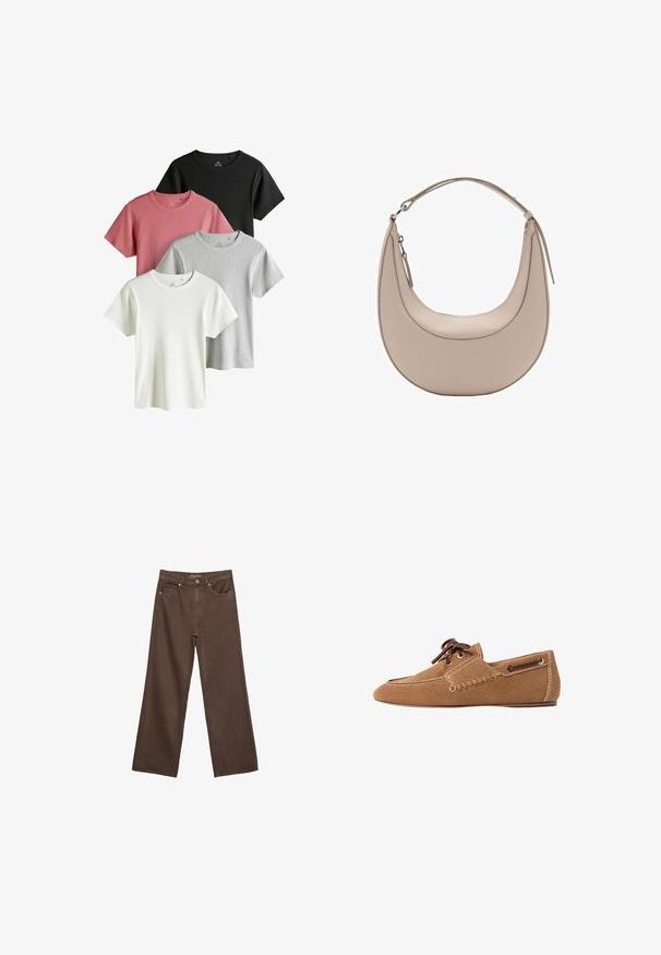 Rjava prešita corduroy jakna z sprednjim zadrgo in dvema žepoma, dolgimi rokavi in okrognim ovratnikom.; Štiri enostavne majice s kratkimi rokavi in okroglim izrezom v črni, prašnato roza, svetlo sivi in beli barvi, položene ena na drugo na beli podlagi.; Široke rjave kavbojke iz denima, ki imajo visok pas, sprednje žepe in klasično zapiranje na gumb. Gladka tekstura s subtilnim šivom.; Rjave semiš čevlje z zaobljenim nosom, z obšito detajli ob straneh in rjavimi vezalkami. Imajo kovinske luknje za vezalke in raven podplat.; Bež usnjena torba za rame v obliki kružnice, z gladko teksturo in eno ukrivljeno zanko. Ima zadrgo in urejen šiv.