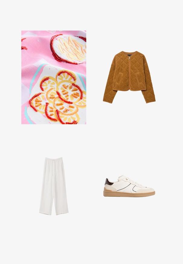 Hnědá prošívaná kordová bunda s předním zipem a dvěma kapsami, dlouhými rukávy a kulatým výstřihem.; Bavlněná látka v růžové barvě s vyšívanými designy citronů, které obsahují žluté a oranžové korálky, vytvářející textile akcenty a barevný vzor.; Bílé široké kalhoty vyrobené z lehké tkaniny. Mají elastický pas se šňůrkou a boční kapsy. Hladká textura.; Stradivarius Tenisky - white