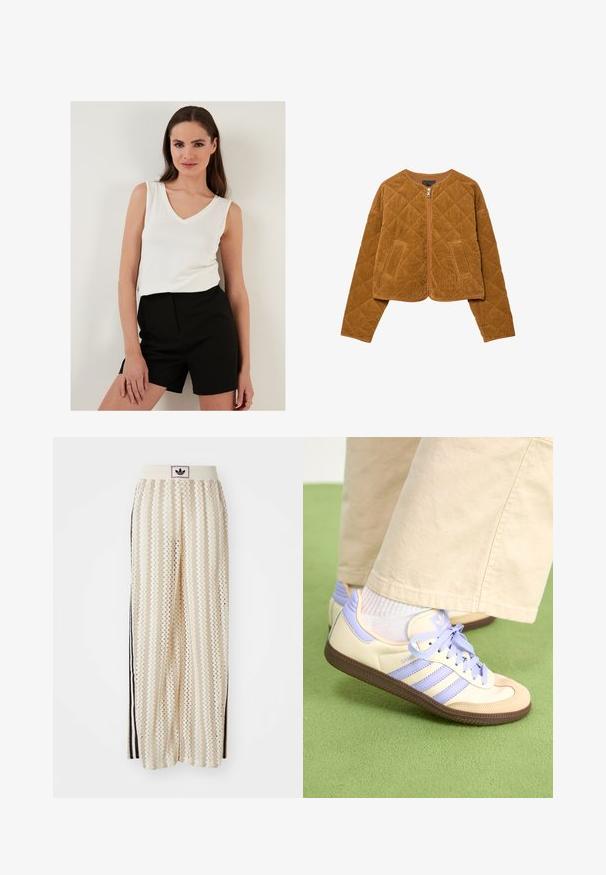 Brązowa pikowana kurtka z korduroju z zamkiem z przodu i dwiema kieszeniami, długimi rękawami i okrągłym dekoltem.; Biała bezrękawnikowa bluzka z dekoltem w kształcie litery V zestawiona z czarnymi szortami o wysokim stanie; oba elementy odzieży charakteryzują się lekkim materiałem i gładką fakturą.; Kremowe szerokie spodnie w stylu palazzo z wzorem w zygzak, z czarnym paskiem z logo oraz bocznymi czarnymi paskami. Lekki, teksturowany materiał.; Kremowe i lawendowe trampki z trzema paskami oraz teksturowaną brązową podeszwą, wyposażone w sznurówki i wyścieloną piętę. Górna część z miękkiego materiału.