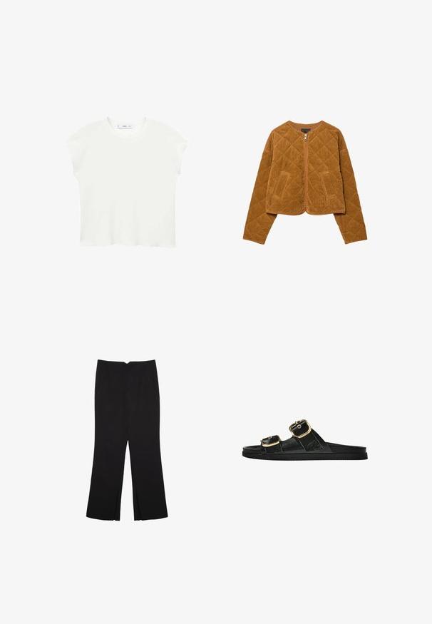 Brun quiltet fløjljakke med frontlynlås og to lommer, lange ærmer og rund halsudskæring.; Hvid kortærmet t-shirt med rund halsudskæring, blød tekstur og en afslappet pasform. Let buet kant forneden tilføjer et afslappet præg.; Sorte bukser med lige pasform, der har frontlommer og slidser i kanten. Lavet af blødt, glat stof. Velegnet til forskellige anledninger.; Sort skridsandal med to guldspænder, glat tekstureret materiale, flad sål og et minimalistisk design.