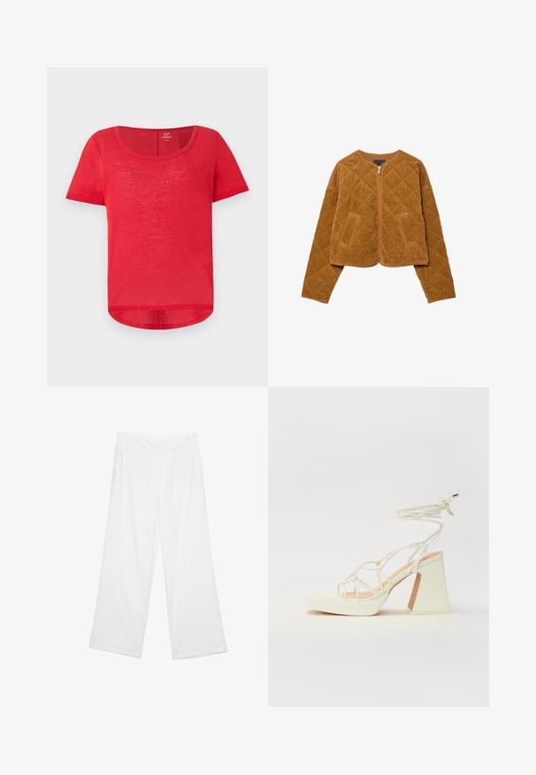 Giacca in corduroy marrone trapuntata con zip frontale e due tasche, maniche lunghe e scollo rotondo.; T-shirt rosso a maniche corte realizzato in tessuto leggero. Presenta un collo rotondo e un orlo leggermente curvo. Texture morbida con un aspetto traslucido.; Pantaloni a gamba larga in tessuto bianco, con una texture liscia, tasche anteriori e una vita classica con passanti per la cintura.; Sandalo bianco con tacco alto, caratterizzato da un design a cinturini e un legaccio alla caviglia. Texture liscia con una piattaforma frontale per un'altezza aggiuntiva.