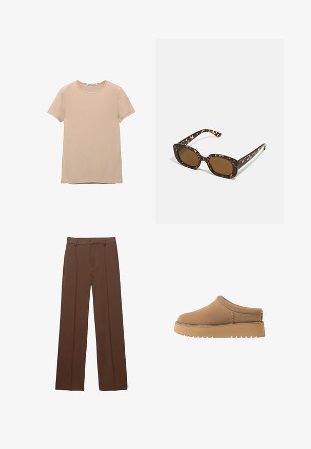 Rjava prešita corduroy jakna z sprednjim zadrgo in dvema žepoma, dolgimi rokavi in okrognim ovratnikom.; PULL&BEAR SHORT SLEEVE - Navadna majica - beige; Rjav, širok nogavice iz gladkega materiala; vključuje podložene sprednje plošče in raven pas s zanke za pas.; Rjave natikače z mehko teksturo, zaobljenim nosom in debelim, rebrastim podplatom. Imajo subtilno šivanje na strani.; Sončna očala iz kornjačine s poudarjenim, okroglim okvirjem in rjavimi lečami. Imajo subtilne vzorce in ravne, zožene ročke.; Tkanisana bež torba s zakrivljenim oblikom, ki ima zadrgo, nastavljiv trak in strukturirano površino z vzorcem košare.