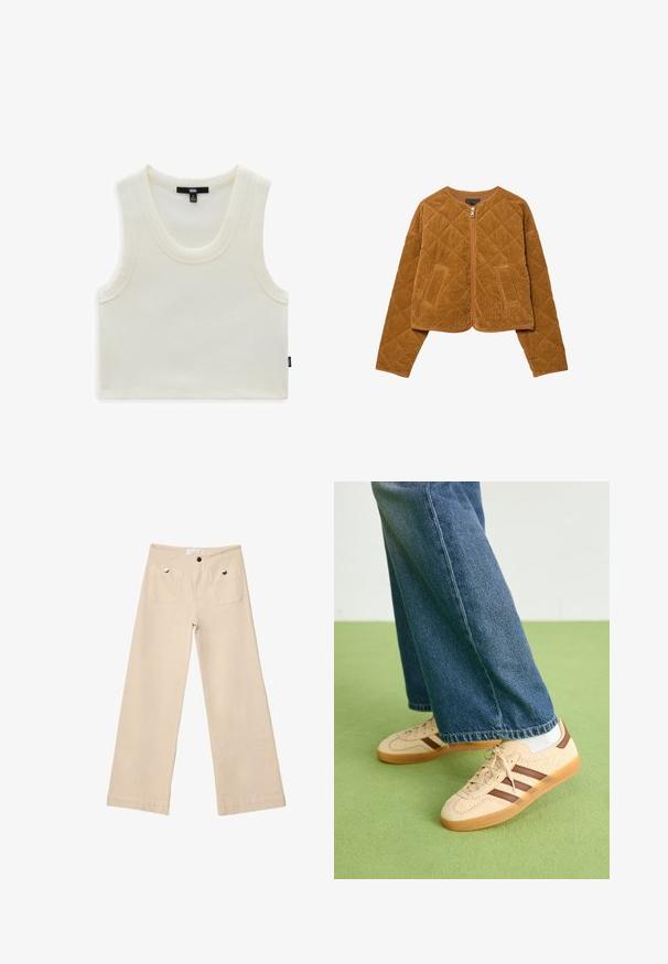 Brown quilted corduroy jacket with front zipper and two pockets, long sleeves, and a round neckline.; White ribbed tank top with wide neckline and armholes. Features a brand label visible at the neck and a side tag with the brand name.; Beige wide-leg pants in soft cotton, featuring two front pockets with silver hardware, straight cut, and neatly finished hems.; Beige sneakers with textured cream panels and brown stripes, paired with blue denim jeans. The jeans have a wide leg and frayed hem.