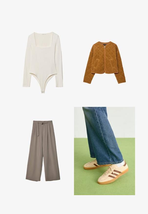 Brun quiltet fløjljakke med frontlynlås og to lommer, lange ærmer og rund halsudskæring.; Langærmet bodysuit i lys creme med firkantet halsudskæring, glat tekstur og trykknaplukninger i skridtet for nem påklædning.; Vide ben bukser i et blødt, afdæmpet grå stof, med en bælte i taljen og plisseringer for ekstra designdetalje. Glat tekstur, ingen mønstre.; Beige sneakers med teksturerede cremefarvede paneler og brune striber, parret med blå denim jeans. Jeansene har brede ben og en frynset kant.
