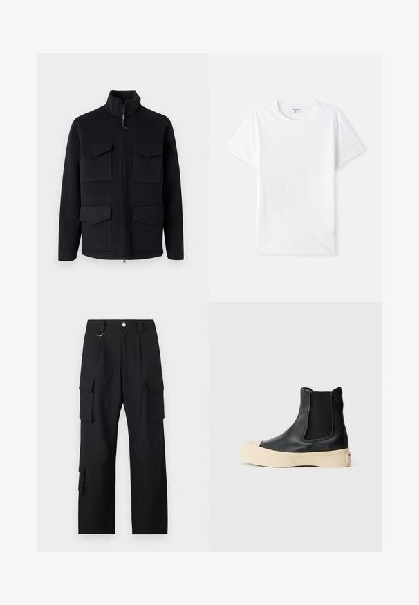 Czarna polarowa kurtka z zamkiem z przodu, wysokim kołnierzem i czterema zewnętrznymi kieszeniami. Charakteryzuje się gładką fakturą i prostym krojem.; Biała bawełniana koszulka, okrągły dekolt, krótkie rękawy, gładka tekstura, bez wzorów ani akcentów, prosty fason, standardowe dopasowanie.; Czarne spodnie cargo wykonane z teksturowanej tkaniny mają wiele kieszeni, prostą nogawkę oraz zamek/guzik w talii.; Czarne skórzane botki za kostkę z zaokrąglonym noskiem i beżową podeszwą na platformie. Posiadają elastyczne boki ułatwiające zakładanie oraz gładką fakturę.