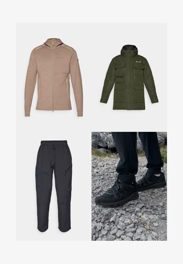 Olivgrüne isolierte Jacke mit einem Reißverschluss vorne, verstellbarer Kapuze und mehreren großen Fronttaschen. Besitzt einen strukturierten Stoff und ein Logo.; Hellbraune Zip-Jacke mit Kapuze, ausgestattet mit strukturiertem Material, Schultereinsätzen und einer Brusttasche mit Reißverschluss.; Schwarzes T-Shirt mit kurzen Ärmeln aus leichtem Stoff. Mit einem kleinen weißen Logo auf der linken Brust und dezenten Akzenten an den Schultern.; Schwarze Cargo-Hosen aus leichtem, wasserabweisendem Material; verfügen über einen elastischen Bund, mehrere Reißverschlusstaschen und schmal zulaufende Beine.; Schwarze Outdoor-Schuhe aus Mesh und synthetischem Material, mit einer strukturierten Oberseite, gesichertem Schnürsystem und griffiger Laufsohle, auf felsigem Gelände.