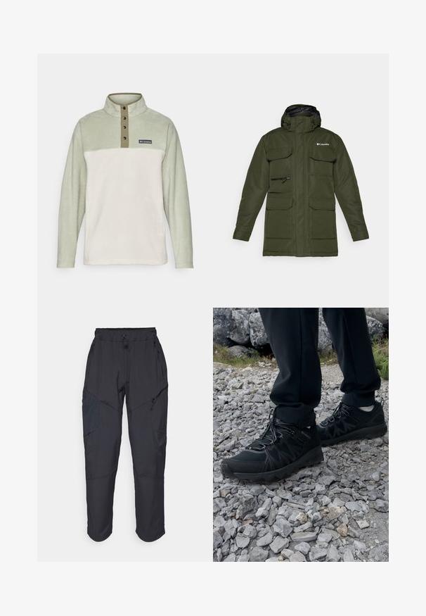 Giacca isolata verde oliva con zip frontale, cappuccio regolabile e numerose grandi tasche frontali. Presenta un tessuto testurizzato e un logo.; Pullover Columbia con un design a blocchi di colore verde chiaro e crema, materiale in pile, colletto a metà, quattro chiusure con bottoni neri e toppa con logo.; Pantaloni cargo neri realizzati in un materiale leggero e resistente all'acqua; presentano una vita elastica, diverse tasche con zip e gambe affusolate.; Scarpe da esterni nere realizzate in mesh e materiale sintetico, con una parte superiore testurizzata, un sistema di allacciatura sicuro e una suola robusta, su terreno roccioso.