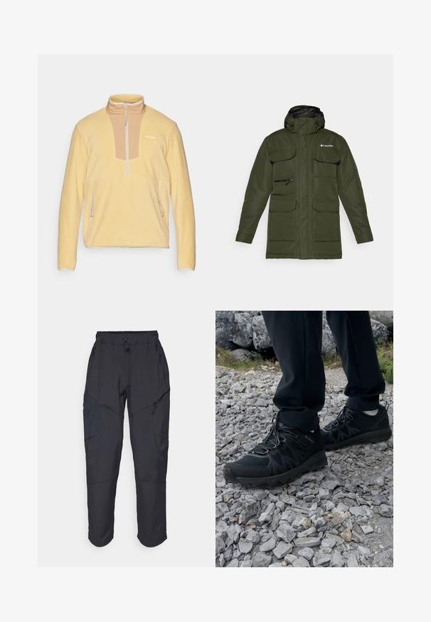 Giacca isolata verde oliva con zip frontale, cappuccio regolabile e numerose grandi tasche frontali. Presenta un tessuto testurizzato e un logo.; Pullover in pile giallo con colletto alto, mezza zip e dettagli in pannello nocciola sulla parte del torace. Presenta due tasche laterali con zip.; Pantaloni cargo neri realizzati in un materiale leggero e resistente all'acqua; presentano una vita elastica, diverse tasche con zip e gambe affusolate.; Scarpe da esterni nere realizzate in mesh e materiale sintetico, con una parte superiore testurizzata, un sistema di allacciatura sicuro e una suola robusta, su terreno roccioso.