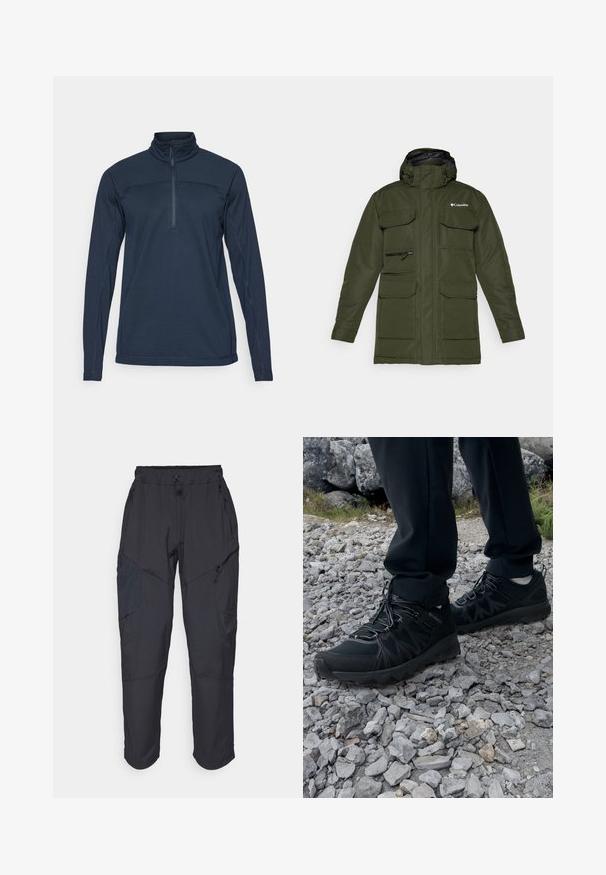 Giacca isolata verde oliva con zip frontale, cappuccio regolabile e numerose grandi tasche frontali. Presenta un tessuto testurizzato e un logo.; Pullover a maniche lunghe blu navy con colletto alto e zip frontale a metà. Presenta un tessuto testurizzato e dettagli di cucitura a contrasto.; Pantaloni cargo neri realizzati in un materiale leggero e resistente all'acqua; presentano una vita elastica, diverse tasche con zip e gambe affusolate.; Scarpe da esterni nere realizzate in mesh e materiale sintetico, con una parte superiore testurizzata, un sistema di allacciatura sicuro e una suola robusta, su terreno roccioso.