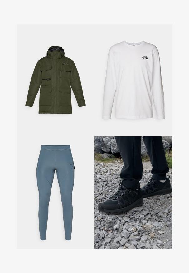 Giacca isolata verde oliva con zip frontale, cappuccio regolabile e numerose grandi tasche frontali. Presenta un tessuto testurizzato e un logo.; T-shirt bianco a maniche lunghe in cotone con colletto rotondo. Presenta un piccolo logo nero sul petto. Texture liscia, vestibilità regolare.; Leggings atletiche blu con una texture liscia, dotati di tasche laterali e un logo nero a contrasto sull'anca. Design aderente.; Scarpe da esterni nere realizzate in mesh e materiale sintetico, con una parte superiore testurizzata, un sistema di allacciatura sicuro e una suola robusta, su terreno roccioso.