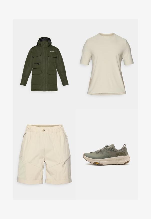 Olivovo zelená zateplená bunda so zipsom vpredu, nastaviteľnou kapucňou a viacerými veľkými prednými vreckami. Obsahuje štruktúrovanú tkaninu a logo.; Béžové tričko s krátkym rukávom a okrúhlym výstrihom. Hladká tkanina so bočnými švami a jemne zakriveným lemom. Bez viditeľných log a vzorov.; Béžové šortky vyrobené z ľahkého materiálu, s elastickým pásom, zipsovými vreckami a prehnutým lemom s kontrastnými textúrovanými panelmi.; Zelené bežecké topánky Hoka s Gore-Tex vrchnou vrstvou, textúrovanými akcentmi, elastickými šnúrkami a hrubou béžovou podrážkou so značkou Vibram.