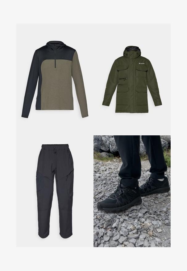 Giacca isolata verde oliva con zip frontale, cappuccio regolabile e numerose grandi tasche frontali. Presenta un tessuto testurizzato e un logo.; Pullover a maniche lunghe con zip a metà, caratterizzato da una parte superiore di un blu navy scuro e una sezione inferiore di un verde khaki, realizzato in un tessuto testurizzato e traspirante.; Pantaloni cargo neri realizzati in un materiale leggero e resistente all'acqua; presentano una vita elastica, diverse tasche con zip e gambe affusolate.; Scarpe da esterni nere realizzate in mesh e materiale sintetico, con una parte superiore testurizzata, un sistema di allacciatura sicuro e una suola robusta, su terreno roccioso.