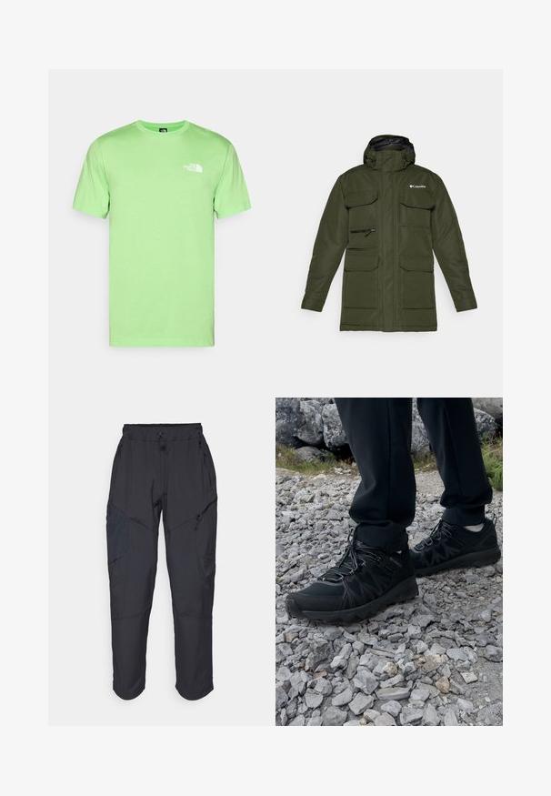 Olijfgroene geïsoleerde jas met een ritssluiting aan de voorkant, verstelbare capuchon en meerdere grote voorkruiden. Bevat een gestructureerde stof en logo.; Mintgroene katoenen t-shirt met een ronde hals en korte mouwen. Heeft een wit logo op de linkerkant van de borst. Soepele textuur, ontspannen pasvorm.; Zwarte cargo pants gemaakt van een lichtgewicht, waterafstotend materiaal; voorzien van een elastische tailleband, meerdere met rits gesloten zakken en taps toelopende pijpen.; Zwarte buitenschoenen van mesh en synthetisch materiaal, met een gestructureerd bovenwerk, een beveiligd vetersysteem en een robuuste zool, op een ruig terrein.