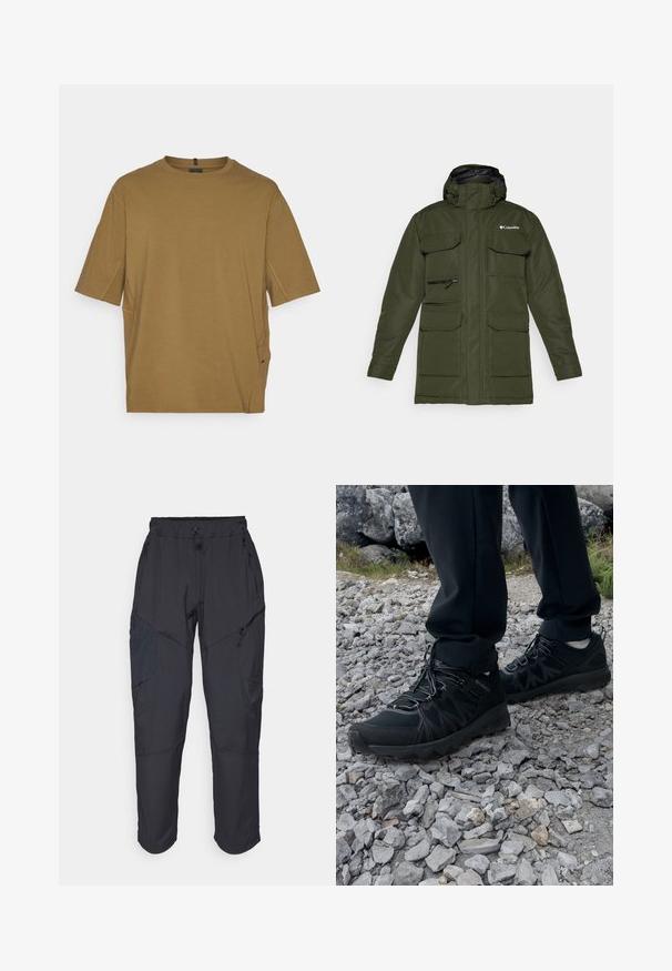 Olivgrüne isolierte Jacke mit einem Reißverschluss vorne, verstellbarer Kapuze und mehreren großen Fronttaschen. Besitzt einen strukturierten Stoff und ein Logo.; Kurzärmliges, braunes T-Shirt aus weichem Stoff, mit Rundhalsausschnitt und seitlichen Schlitzen für zusätzlichen Komfort. Schlichtes, unverziertes Design.; Schwarze Cargo-Hosen aus leichtem, wasserabweisendem Material; verfügen über einen elastischen Bund, mehrere Reißverschlusstaschen und schmal zulaufende Beine.; Schwarze Outdoor-Schuhe aus Mesh und synthetischem Material, mit einer strukturierten Oberseite, gesichertem Schnürsystem und griffiger Laufsohle, auf felsigem Gelände.