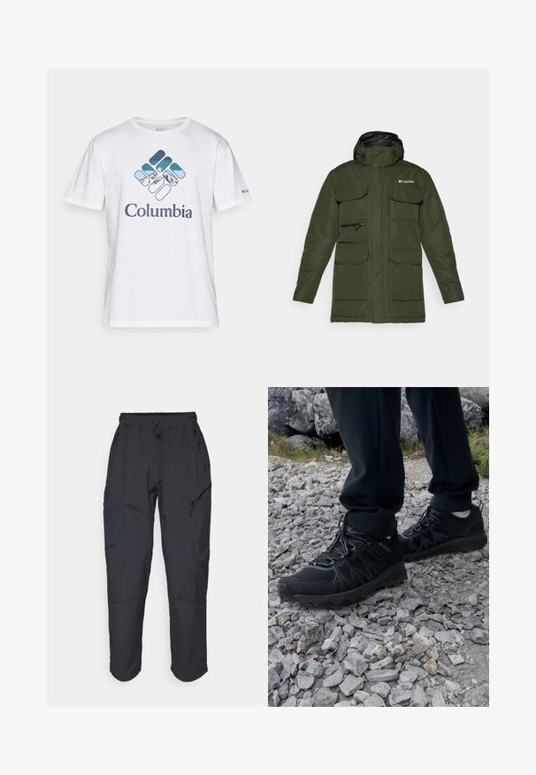 Olivově zelená zateplená bunda se zipem vpředu, nastavitelnou kapucí a několika velkými předními kapsami. Obsahuje texturovanou tkaninu a logo.; Bílý bavlněný tričko s modro-zeleným logem Columbia s horským motivem na přední straně. Krátké rukávy, kulatý výstřih, uvolněný střih.; Černé cargo kalhoty vyrobené z lehkého, voděodolného materiálu; mají elastický pas, několik kapes na zip a zúžené nohavice.; Černé venkovní boty z prodyšného a syntetického materiálu, s texturovaným svrškem, bezpečným šněrovacím systémem a robustní podrážkou, na skalnatém terénu.