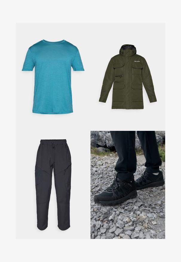 Chaqueta aislante verde oliva con cierre frontal, capucha ajustable y múltiples bolsillos frontales grandes. Presenta un tejido texturizado y un logotipo.; Camiseta de manga corta color turquesa, hecha de un tejido ligero. Cuello redondo, textura suave y un sutil patrón jaspeado en todo su diseño.; Pantalones cargo negros hechos de un material ligero y resistente al agua; cuentan con una cintura elástica, múltiples bolsillos con cremallera y piernas ajustadas.; Zapatos exteriores negros con malla y material sintético, que presentan un upper texturizado, un sistema de cordones seguro y una suela robusta, sobre terreno rocoso.