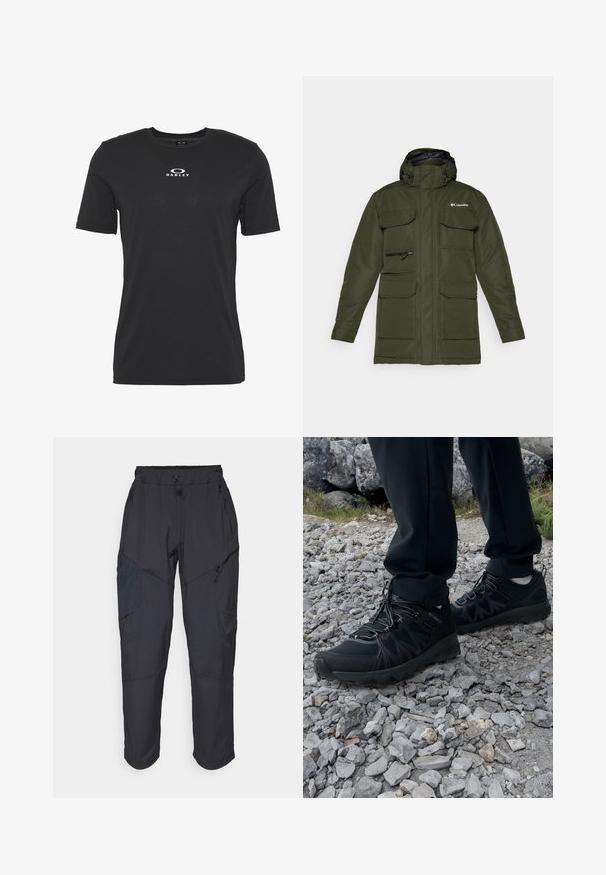 Olivnozeleni izolirani plašč z zadrgo spredaj, nastavljivo kapuco in večimi velikimi sprednjimi žepi. Ima teksturirano tkanino in logo.; Črna bombažna majica s kratkimi rokavi in krožnim ovratnikom, na sprednji strani z belim logotipom "Oakley". Gladka tekstura, standardna prileganje.; Črne cargo hlače iz lahkega, vodoodpornega materiala; imajo elastični pas, več žepov z zadrgo in ožja hlačnica.; Črne zunanje čevlje iz mrežastega in sintetičnega materiala, s teksturiranim zgornjim delom, zavarovanim sistemom vezalk in trdim podplatom, na skalnatem terenu.