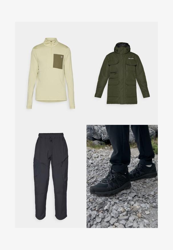 Olivnozeleni izolirani plašč z zadrgo spredaj, nastavljivo kapuco in večimi velikimi sprednjimi žepi. Ima teksturirano tkanino in logo.; Svetlo bež srajca z dolgimi rokavi in pol-zadrgo na ovratniku, z olivno zeleno žepno torbico na prsih in logotipom na žepu. Gladka tekstura.; Črne cargo hlače iz lahkega, vodoodpornega materiala; imajo elastični pas, več žepov z zadrgo in ožja hlačnica.; Črne zunanje čevlje iz mrežastega in sintetičnega materiala, s teksturiranim zgornjim delom, zavarovanim sistemom vezalk in trdim podplatom, na skalnatem terenu.