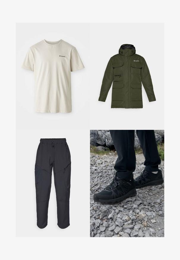 Casaco isolante verde azeitona com fecho éclair à frente, capuz ajustável e vários bolsos frontais grandes. Apresenta um tecido texturizado e logotipo.; T-shirt de algodão bege com mangas curtas, decote redondo e um pequeno logótipo preto na área do peito esquerdo. Tecido liso e sem adornos.; Calças cargo pretas feitas de um material leve e resistente à água; apresentam uma cintura elástica, múltiplos bolsos com fecho e pernas ajustadas.; Sapatos pretos para exterior, feitos de material em malha e sintético, com um cabedal texturizado, sistema de atilho seguro e uma sola robusta, sobre terreno rochoso.