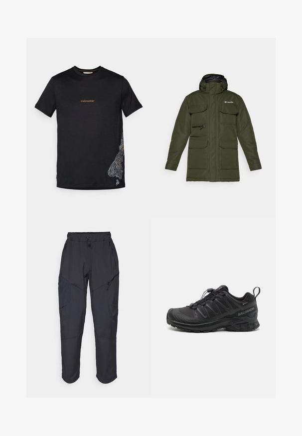 Olivgrön isolerad jacka med blixtlåsförsedd framsida, justerbar huva och flera stora framfickor. Har en strukturerad tyg och logotyp.; Svart t-shirt med kort ärm och "icebreaker"-text i orange på bröstet samt en vit topografisk karta-design på nedre högra sidan.; Svarta cargobyxor gjorda av ett lätt, vattenavvisande material; har elastisk midja, flera fickor med dragkedja och avsmalnande ben.; Svart sportskor med en strukturerad syntetöverdel, dämpad sula och ett snabbsnörningssystem. Har förstärkt tå och hälen.