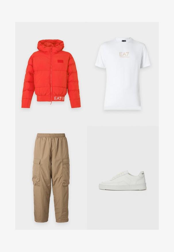 Červená nafúknutá bunda s kapucňou na sťahovanie, predným zipsom, elastickými manžetami a spodným lemom. Na páse je umiestnené logo EA7. Hladká, lesklá textura.; Biela bavlnená tričko s okrúhlym výstrihom a krátkymi rukávmi, na prednej strane s potlačou zlatého loga EA7 Emporio Armani.; Khaki cargo nohavice s elastickým pásom, dvoma bočnými nákladovými vreckami, ľahkým, textúrovaným materiálom a voľným strihom s zúženými členkami.; Biele kožené tenisky s hladkým povrchom, okrúly špičkový dizajn, ploché šnúrky a textúrovaná podrážka. Obsahujú jemné logo na päte.