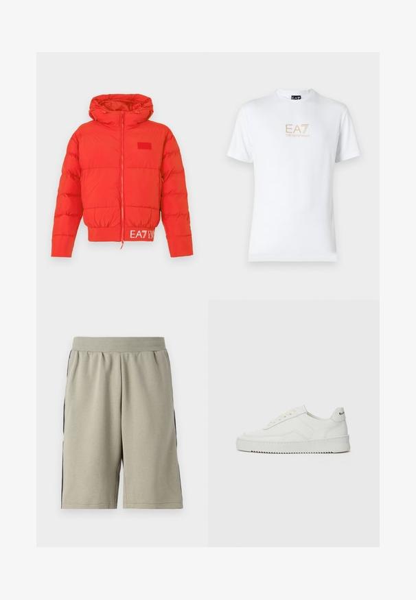 Chaqueta acolchada roja con capucha ajustable, cremallera frontal, puños elásticos y dobladillo. Presenta el logo de EA7 en la cinta de la cintura. Textura suave y brillante.; Camiseta blanca de algodón con escote redondo y mangas cortas, con un logo dorado de EA7 Emporio Armani impreso en el frente.; Pantalones cortos de color gris claro, hasta la rodilla, fabricados con un tejido suave, con una franja negra a lo largo de cada lado y una cinturilla elástica para mayor comodidad.; Zapatilla de cuero blanca con un acabado suave, puntera redonda, cordones planos y suela texturizada. Cuenta con un sutil logo en el talón.