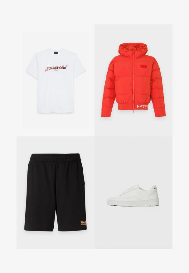 Red puffer jacket with a drawstring hood, front zipper, elastic cuffs, and hem. Features EA7 logo on the waistband. Smooth, shiny texture.; White cotton t-shirt with short sleeves featuring a black and coral graphic print. Text reads: "THE KOOPLES? WHAT?" and "PARIS."; Black athletic shorts made of soft fabric,Featuring an elastic waistband and a small yellow EA7 logo on the lower left leg.; White leather sneaker with a smooth finish, round toe, flat laces, and a textured sole. Features a subtle logo on the heel.