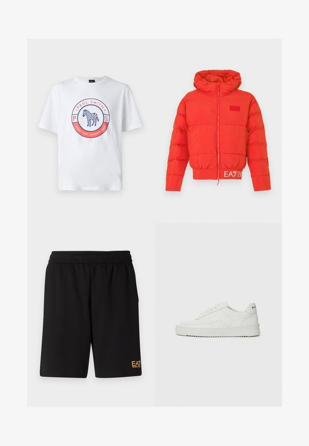 Rød pufferjakke med snorhette, glidelås foran, elastiske mansjetter og fald. Har EA7-logo på livet. Glatt, blank tekstur.; Hvit bomull t-skjorte med et sirkulært grafisk design. Sentrert design inkluderer teksten "Paul Smith" og en illustrert zebra innen sirkelen.; Sorte treningsshorts laget av mykt stoff, med elastisk midje og en liten gul EA7-logo nederst på venstre ben.; Hvite lærersneakers med en jevn overflate, rund tå, flate lisser og en teksturert såle. Har en subtil logo på hælen.