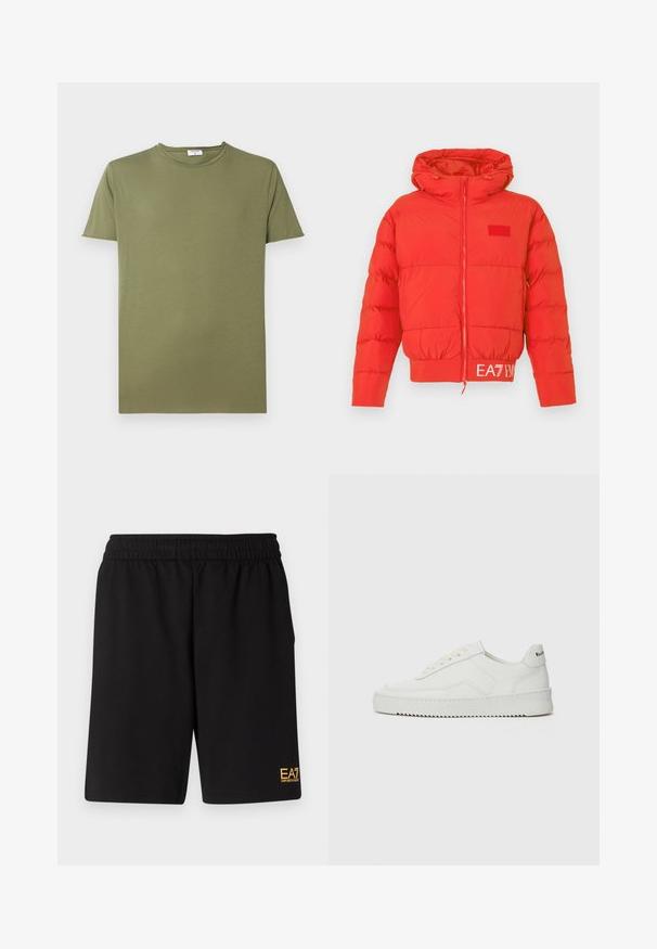 Raudonas pūkinis švarkas su reguliuojama kapuce, priekinėmis užtrauktukinėmis kišenėmis, elastingomis rankogaliais ir apačia. Juosmens srityje yra EA7 logotipas. Lygus, blizgus paviršius.; Olivinės spalvos T-shirt, pagaminta iš švelnios medvilnės, su klasikinėmis apvalia iškirpte ir trumpomis rankovėmis. Audinys yra lygus ir vientisas.; Juoda sportinė šortai, pagaminti iš minkštos medžiagos, su elastingu diržu ir maža geltona EA7 logo apatinėje kairėje kojoje.; Balti odiniai sportiniai bateliai su lygia apdaila, apvaliu pirštu, plokščiais raišteliais ir tekstūruotu padu. Pasižymi subtiliu logotipu ant kulno.