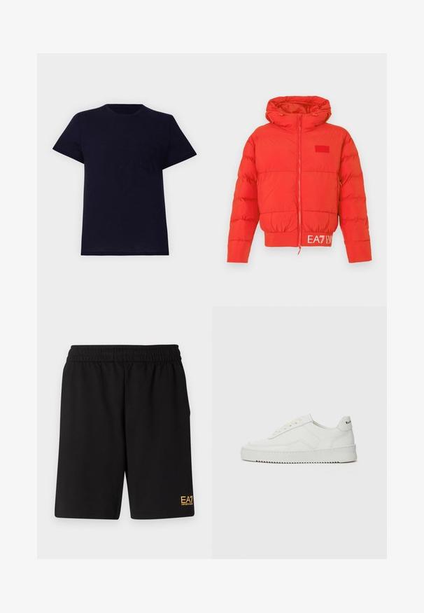 Rdeča puhasta jakna z vrvico na kapuci, sprednjim zadrgo, elastičnimi manšetami in robom. Na pasu se nahaja EA7 logo. Gladka, sijoča tekstura.; Mornarsko modra bombažna majica s krožnim ovratnikom, kratkimi rokavi in manjšim žepom na prsih. Ima mehko teksturo in sproščen kroj.; Črne športne kratke hlače iz mehkega blaga, z elastičnim pasom in majhnim rumenim logotipom EA7 na spodnjem levem delu noge.; Bela usnjena športna obutev z gladko površino, okroglo prst, ravne vezalke in teksturiran podplat. Ima diskretno logo na peti.