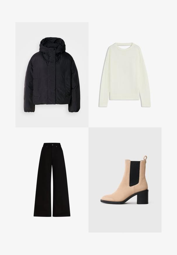 Chaqueta de plumas negra con un cuello alto y capucha, que presenta dos bolsillos frontales y puños elásticos. Material suave y ligero con un acabado mate.; Suéter de color crema claro con cuello redondo, mangas largas, dobladillo acanalado y una textura suave. Sin patrones ni detalles de hardware visibles.; Pantalones de mezclilla negros de pierna ancha con cintura alta, con cierre de botón metálico y dos bolsillos frontales. Textura suave con un diseño minimalista.; Botín de ante beige hasta el tobillo con un tacón ancho, que presenta un elástico negro a los lados y una pestaña en la parte posterior. Textura suave y diseño de punta redondeada.