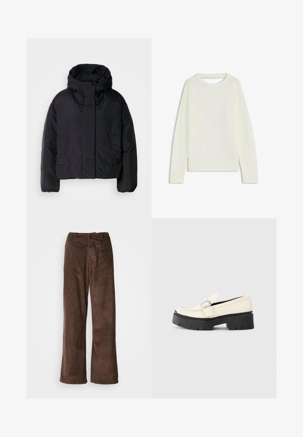 Sort pufferjakke med høj krave og hætte, der har to forlommer og elastiske manchetter. Glat, let materiale med mat finish.; Lys cremesweater med rund hals, lange ærmer, ribbet kant og en blød tekstur. Ingen mønstre eller synlige hardware-detaljer.; Brune fløjl bukser med en bred benudskæring, der har lodrette ribber og en talje. Stoffet har et blødt, tekstureret udseende.; Hvide læder loafers med en kraftig sort platformsål, der har en rektangulær sølvspænde og synlige syninger på overdelen.