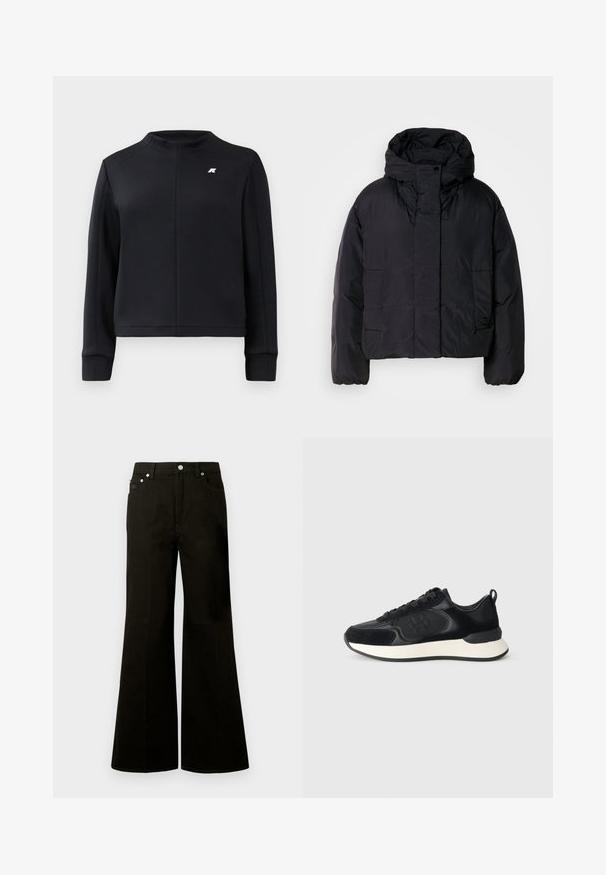 Mustavillane puhvis jope, millel on kõrge krae ja kapuuts, kahel esifliisil ja elastsete mansettidega. Sile, kerge materjal mattpinnaga.; Mustmust с kõrge kaelusega, pikad varrukad ja liibuv disain. Omab väikest logo rinnal ja tekstureeritud kangast.; Mustad kõrge vöökohaga laiade säärtega teksad eessete nuppude ja tõmblukuga, vööaasad ning viis taskut, sealhulgas väike münditasku.; Mustad mustas spordijalatsil on sile nahast ülemine osa, sametised aktsendid, ümar nina ja kontrastset valget vahekihti. Omab nööbikinnitust ja logotäit.