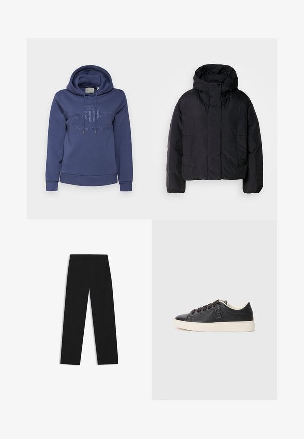 Czarna kurtka puchowa z wysokim kołnierzem i kapturem, z dwiema przednimi kieszeniami i elastycznymi mankietami. Gładki, lekki materiał o matowym wykończeniu.; GANT SHIELD jasnoróżowy; Czarne szerokie spodnie z gładkiego materiału, z bocznymi kieszeniami i płaskim paskiem w talii, zapewniające schludny wygląd.; Czarne skórzane trampki z okrągłym noskiem, kontrastującą kremową podeszwą, ciemnymi sznurowadłami oraz wytłoczonym detalem z logo po boku. Gładka tekstura całości.