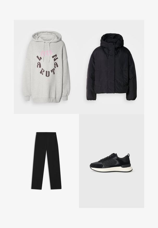 Giacca a vento nera con colletto alto e cappuccio, dotata di due tasche frontali e polsini elasticizzati. Materiale liscio e leggero con finitura opaca.; Felpa grigia realizzata in misto cotone, con una grande grafica circolare in marrone scuro e testo rosa. Dotata di cappuccio con coulisse e polsini a costine.; Pantaloni neri a gamba larga realizzati in tessuto morbido, dotati di tasche laterali e una vita piatta per un aspetto elegante.; Scarpa sportiva nera con tomaia in pelle liscia, dettagli in camoscio, punta rotonda e suola intermedia bianca a contrasto. Presenta chiusura con lacci e dettaglio del logo.
