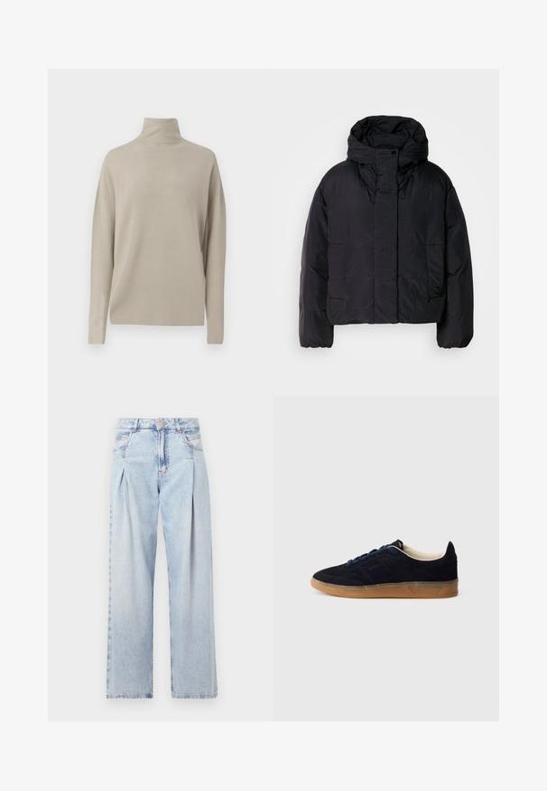 Black puffer jacket with a high collar and hood, featuring two front pockets and elastic cuffs. Smooth, lightweight material with a matte finish.; Light beige turtleneck sweater, made of soft knit material, features a relaxed fit with long sleeves and a high collar. No visible patterns.; Light blue denim jeans with a high waist, wide-leg cut, two side pockets, and pleated design feature. Soft texture with a faded finish.; Navy suede sneaker with a gum rubber sole, blue laces, and minimalist design. Features embossed logo on the side and smooth inner lining.