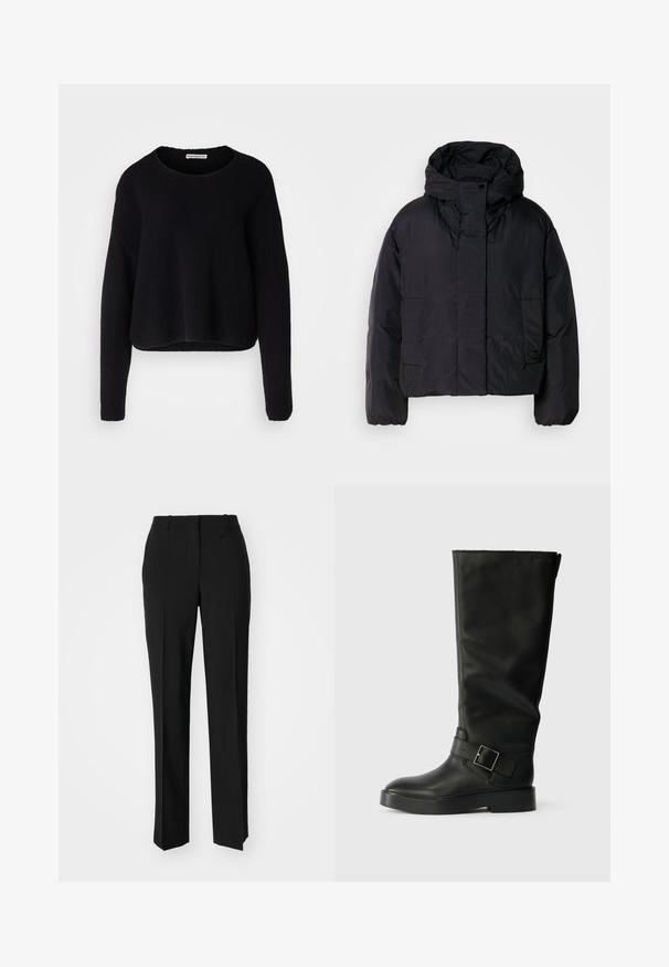 Černá péřová bunda s vysokým límečkem a kapucí, vybavená dvěma předními kapsami a elastickými manžetami. Hladký, lehký materiál s matným povrchem.; Černý pletený svetr s texturou, dlouhými rukávy, širokým kulatým výstřihem a zkráceným lemem. Hladká tkanina s elastickým zakončením.; Černé kalhoty na míru se střihem do rovna, které mají hladkou texturu a ostré sklady na přední straně. Bez viditelného kování.; Černé kozačky do výšky kolen vyrobené z hladké kůže, s kulatou špičkou, silnou podešev a vodorovným popruhem se čtvercovou sponou.