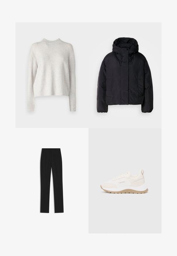 Black puffer jacket with a high collar and hood, featuring two front pockets and elastic cuffs. Smooth, lightweight material with a matte finish.; Light gray knitted sweater with a high neck, featuring vertical ribbed texture and cropped sleeves. Soft fabric with a cozy appearance.; Black tailored trousers with a straight-leg design, featuring front pockets and a smooth, textured fabric. Neat, minimal detailing.; Calvin Klein sneakers in cream and beige with textured fabric, a chunky sole, lace-up closure, and a loop at the heel for easy wear.