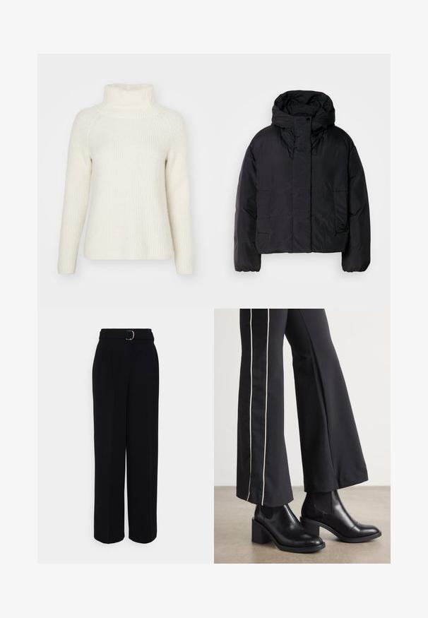 Črna pufasta jakna z visokim ovratnikom in kapuco, ki ima dva sprednja žepa in elastične manšete. Gladek, lahek material z mat površino.; BOSS FALODAN - Pulover - open white; Črne krojene hlače s širokimi nohavicami, opremljene z pasom s srebrno sponko, vratolomi in gladko teksturo blaga.; Črne usnjene gležnjarje s blok peto, z elastičnimi stranskimi paneli. Kombinirane s črnimi hlačami, ki imajo bele stranske črte.