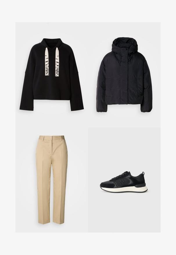 Črna pufasta jakna z visokim ovratnikom in kapuco, ki ima dva sprednja žepa in elastične manšete. Gladek, lahek material z mat površino.; Črna kapuca z dolgimi rokavi, visokim ovratnikom in širokimi belimi zankami z črnimi abstraktnimi vzorci.; Bež hlače ravnih nog z zankami za pas, sprednjo gubo in skrito zapiralo, prikazane na svetlem ozadju.; Črne športne čevelj z gladkim usnjenim zgornjim delom, suednimi detajli, okroglim prstom in kontrastnim belim srednjim podplatom. Ima sistem za zavezovanje in podrobnost z logotipom.